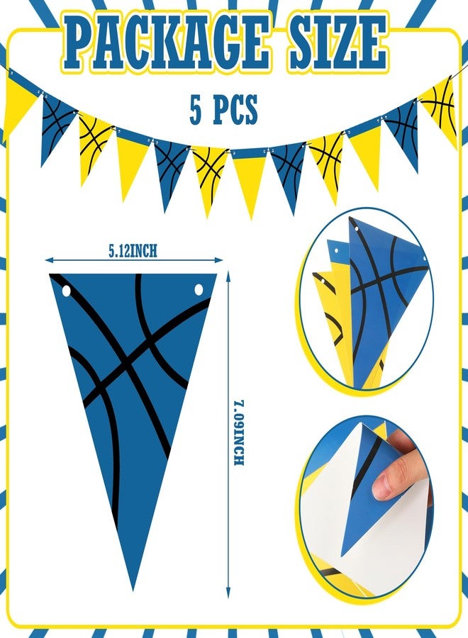 Tosstuki 5 Pcs Basketball Birthday Banners Basketball Themed Party Decorations Sports Triangle Pennant Banners Hanging Garland for Men Sports Lover Birthday Party Supplies(Yellow,Dark Blue) - Image 3
